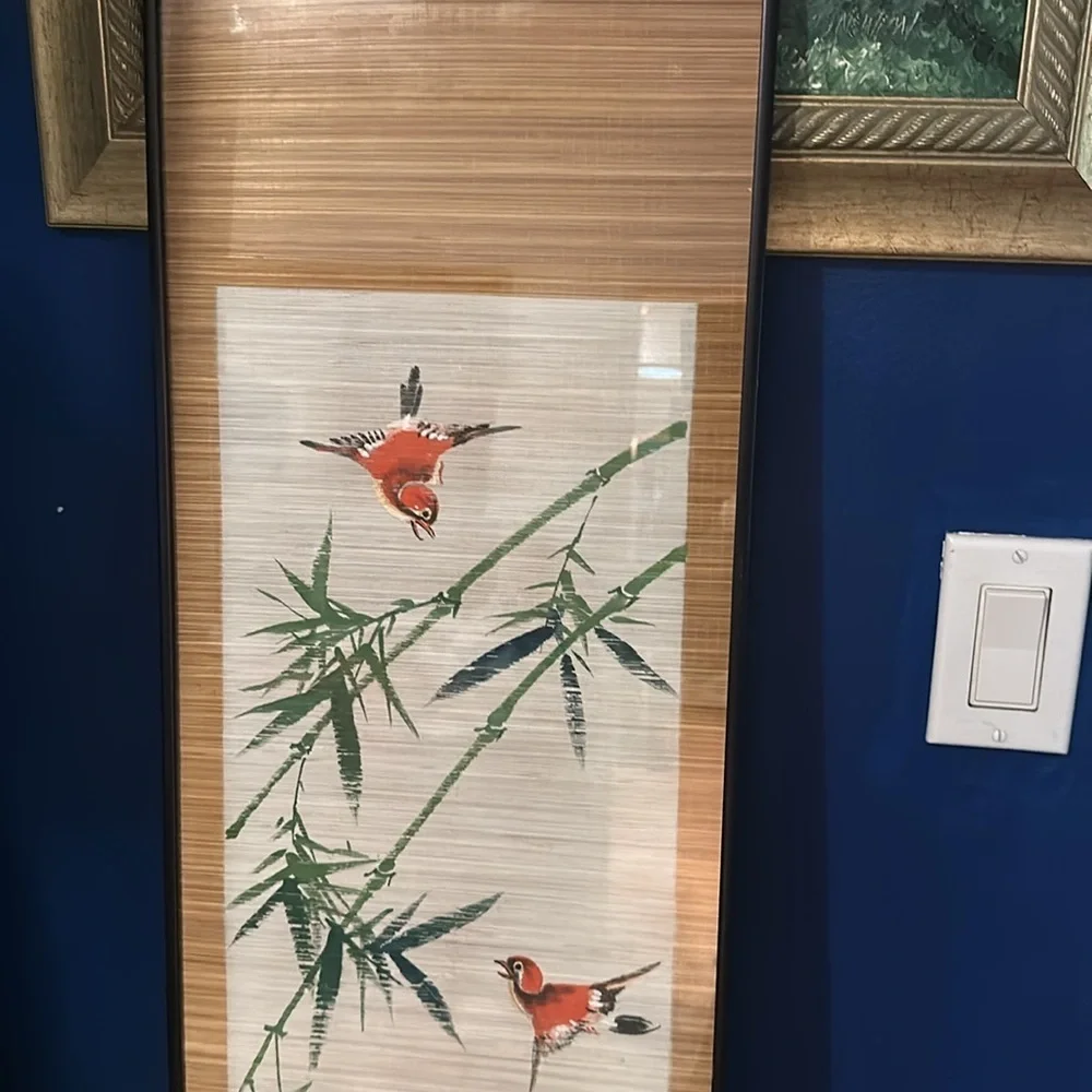 Vintage Framed Chinese Hand Painted Watercolor Bamboo & Birds Scroll Art